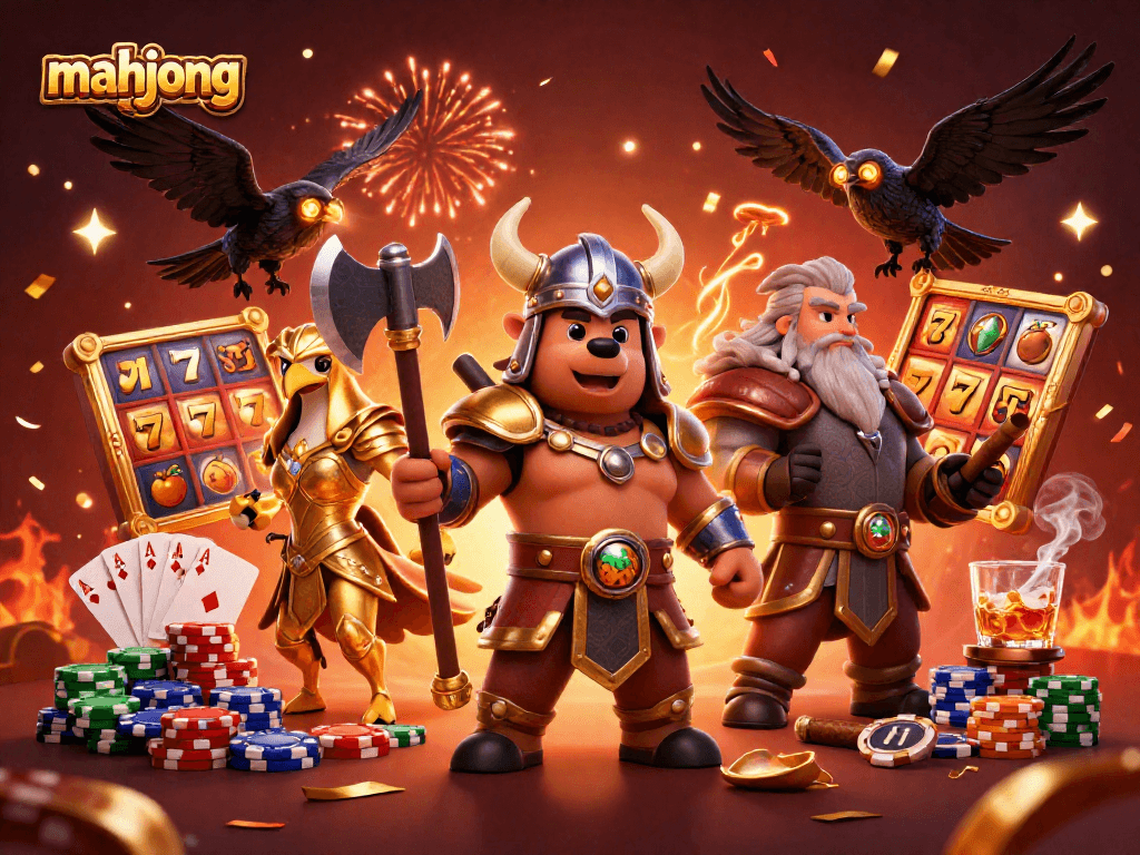 Experience thrilling mahjong adventures with a Viking berserker bear and Valkyrie eagle amidst vibrant casino elements.
