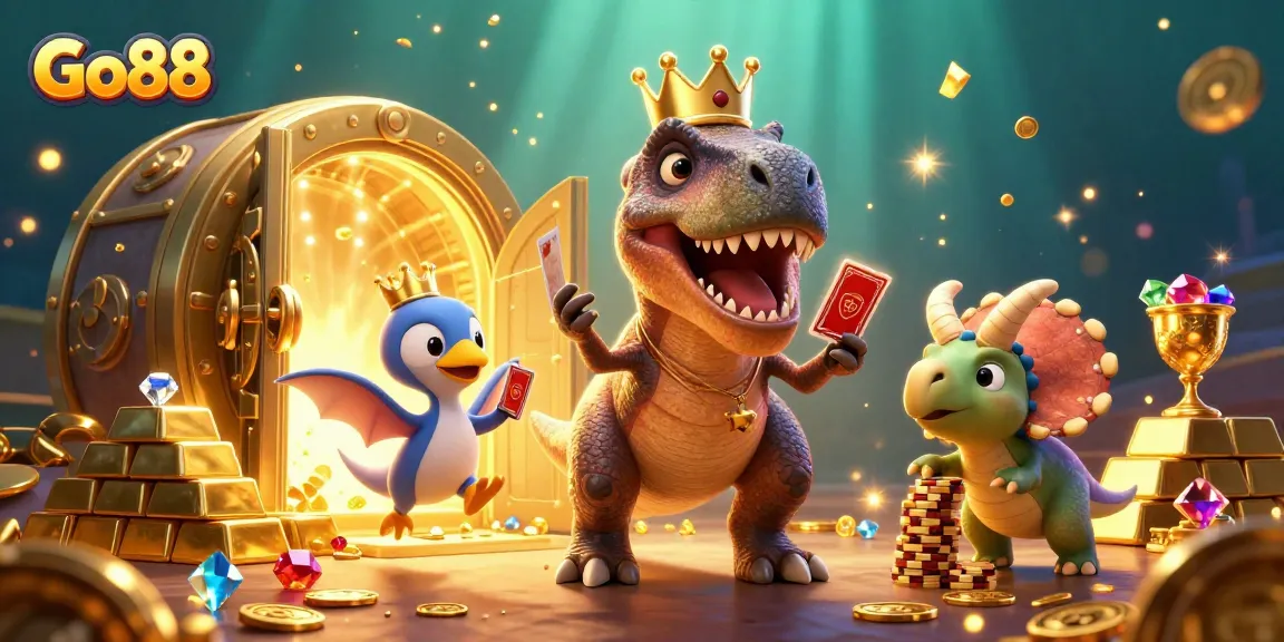 Experience Go88 with a lively cartoon scene featuring a playful T-Rex shuffling cards and friendly characters amidst casino treasures.