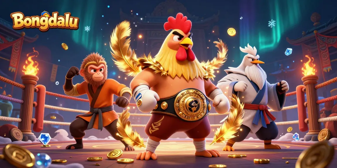 Bongdalu showcases a vibrant 3D scene with a Muay Thai rooster and Shaolin monkey gambling in a dynamic arena.