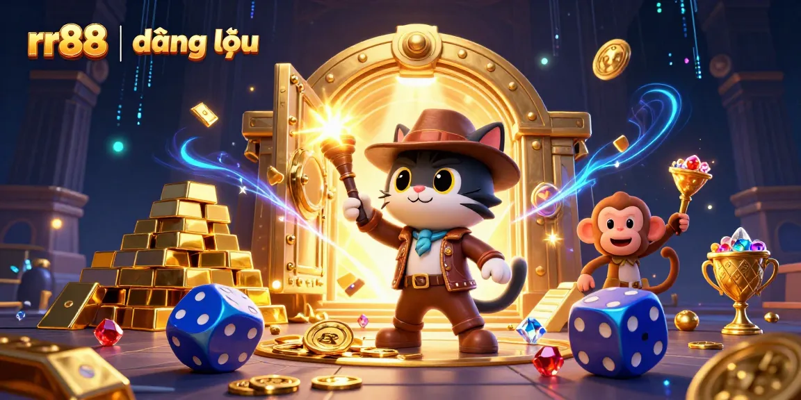 Engage with exciting rr88 | đăng nhập experiences as a cartoon cat explores a vibrant casino treasure scene.