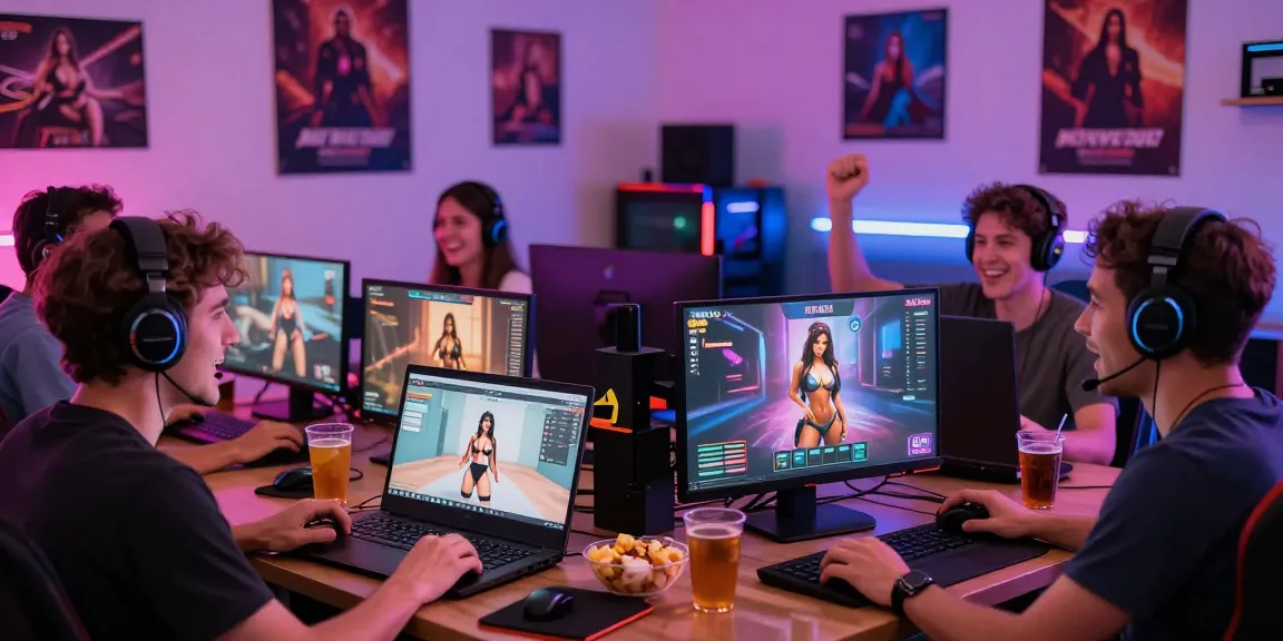 Engaging scene of players enjoying porn games online, showcasing interactive gaming setups and lively atmosphere.
