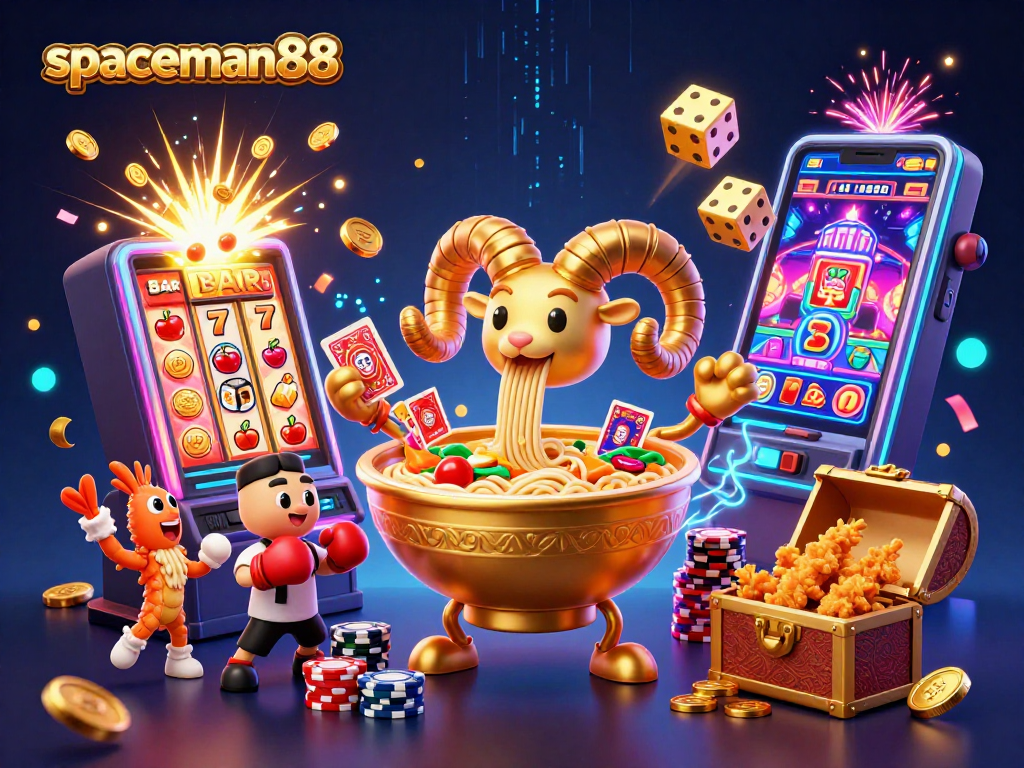 Engage with the vibrant world of spaceman88 featuring a dynamic casino scene of characters playing slots and cards with a jackpot explosion.