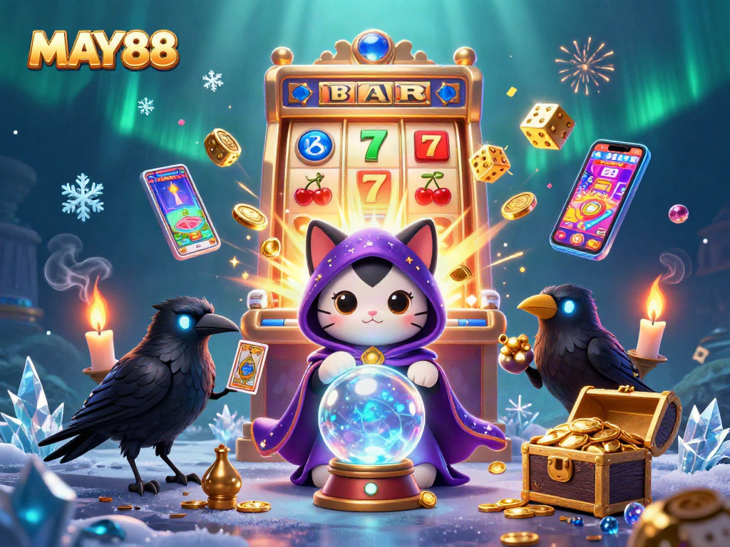 MAY88 captivates players with colorful jackpot slots, a fortune teller cat, and mythical vibes.