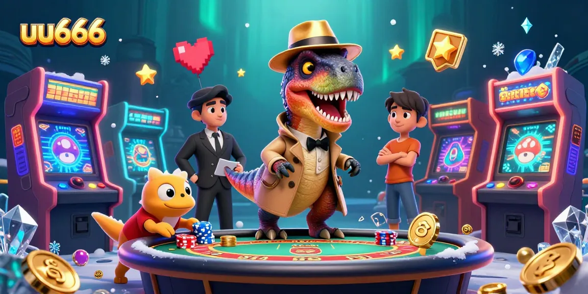 Play exciting games at uu666, where cartoon dinosaurs engage in thrilling blackjack action amidst vibrant casino elements.