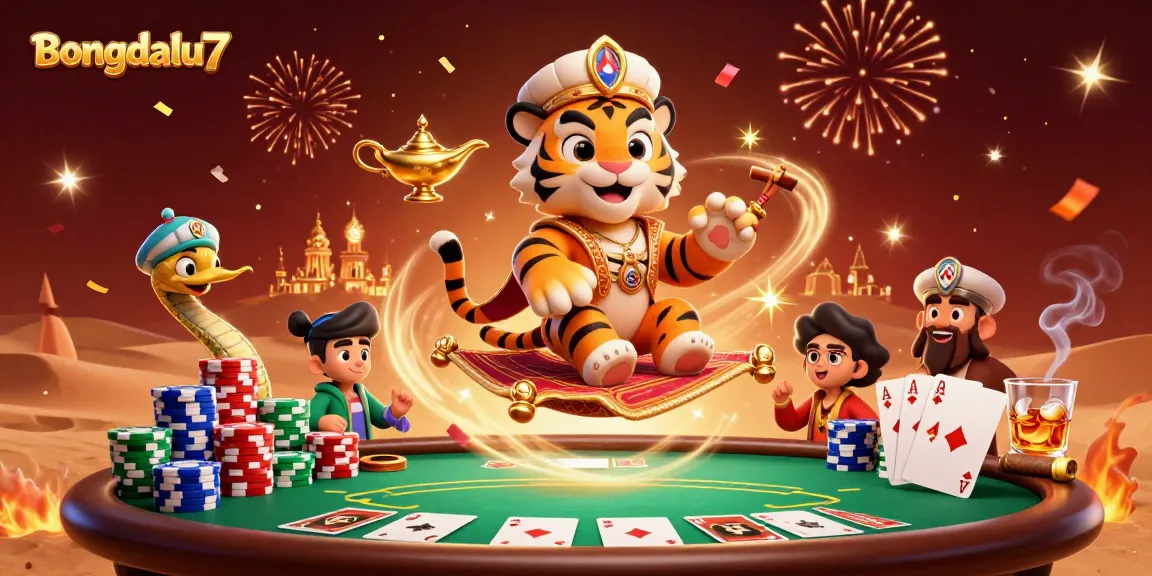 Engage with Bongdalu7's immersive 3D casino world featuring a tiger sultan and magical elements.