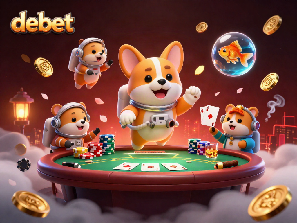 Engage with debet's casino excitement as a corgi astronaut and friends play poker in zero gravity.