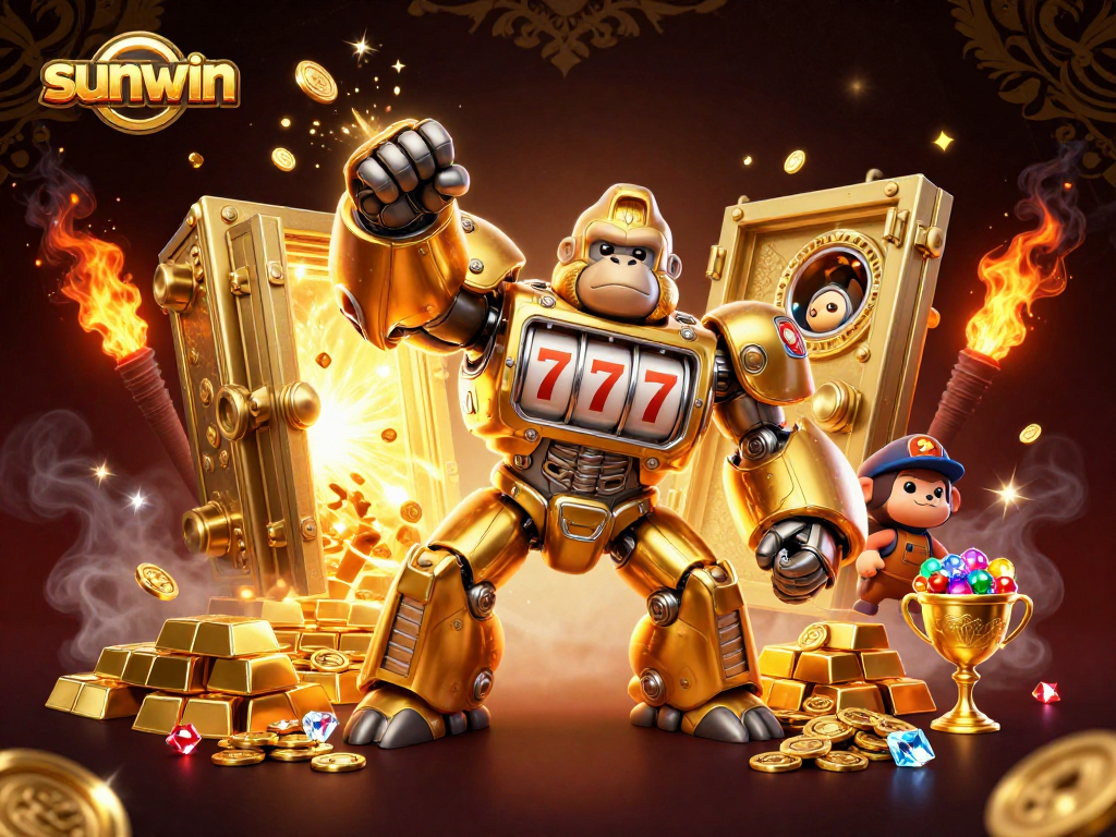Experience thrilling gameplay with sunwin's golden gorilla mech surrounded by treasure and casino elements.
