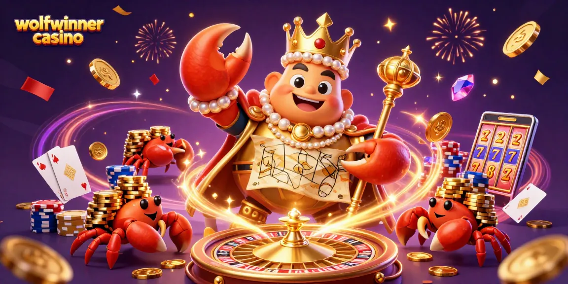 Experience the excitement of wolfwinner casino with a grand crab emperor, golden coins, and festive atmosphere.
