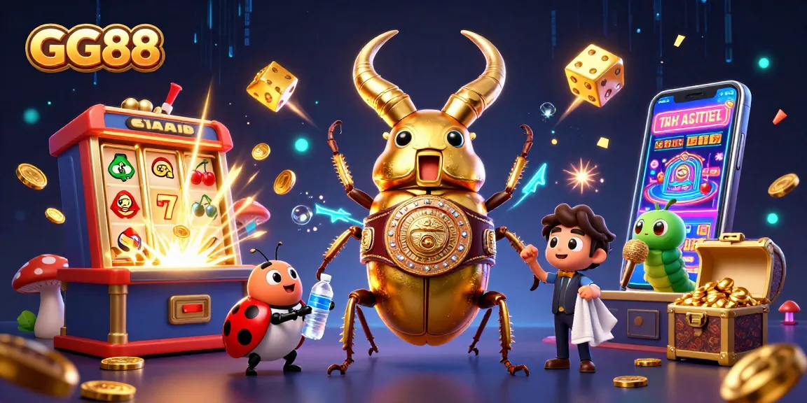 GG88 casino illustration featuring a golden beetle champion, colorful slots, and vibrant game elements.