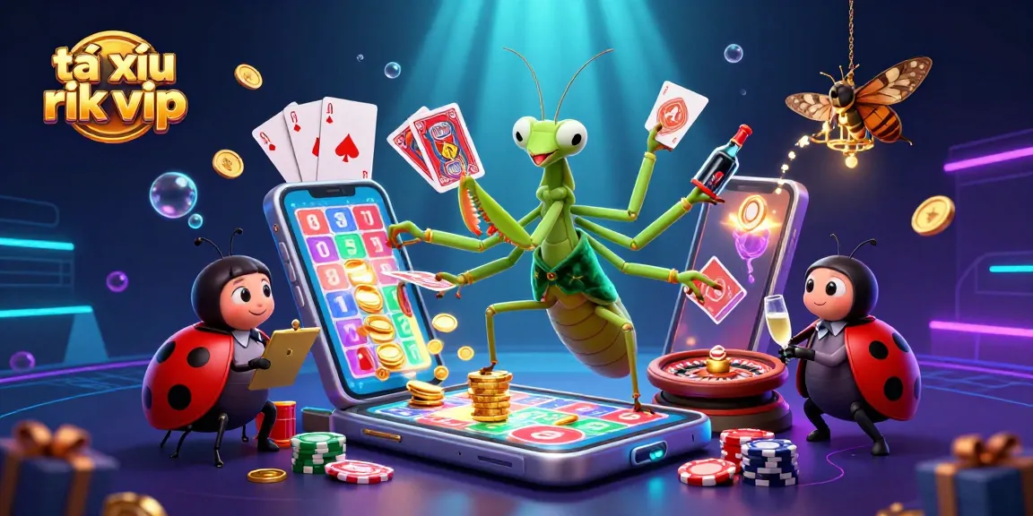 Engaging scene featuring tài xỉu rik vip with a card-shuffling mantis, showcasing thrilling casino action.