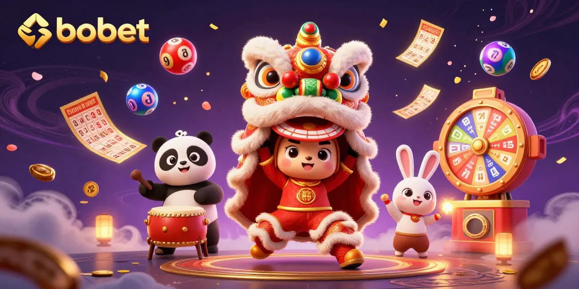 Sbobet's vibrant casino scene showcases a lion dance, drumming panda, and lottery elements.