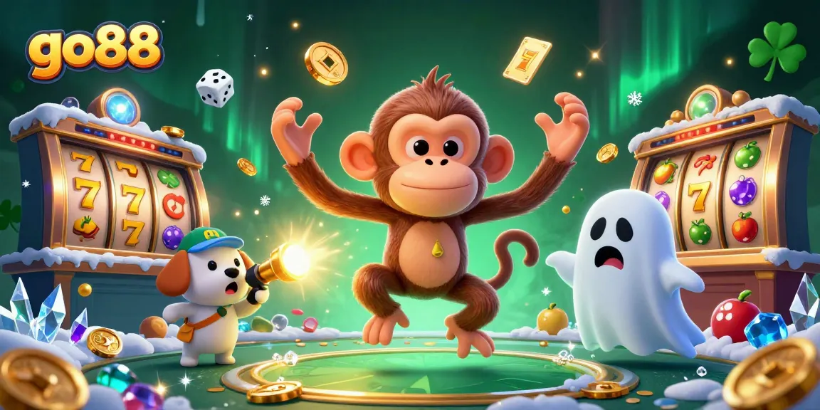 Experience the thrill of go88 with a mischievous monkey juggling golden casino symbols in a vibrant 3D illustration.