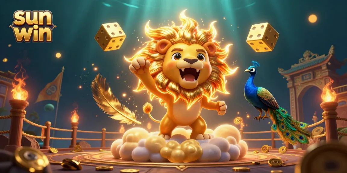 Engage with sun win's thrilling atmosphere featuring a roaring sun lion and golden dice in a vibrant casino scene.