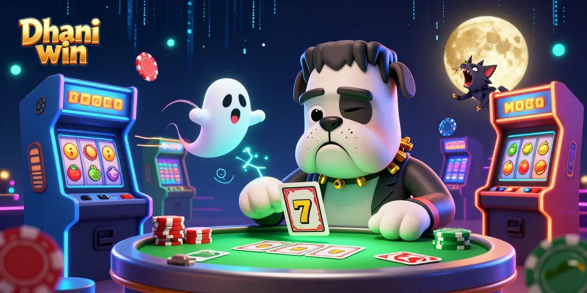Dhani win gaming action with a Frankenstein bulldog dealing cards and a werewolf kitten, surrounded by vibrant casino elements.