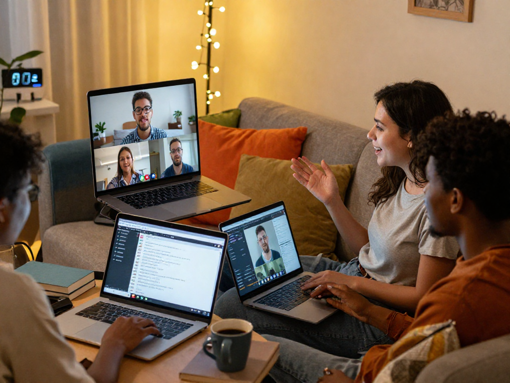 Engaging sexchat scene featuring friends in interactive video call, casual atmosphere, modern technology.