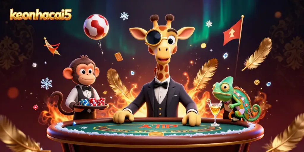 Watch the high-roller giraffe at the keonhacai5 VIP poker table, surrounded by dynamic energy and betting elements.