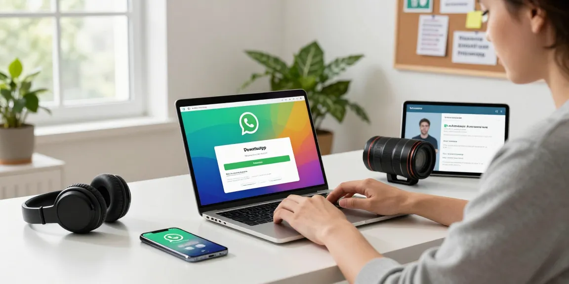 Downloading WhatsApp下載 in a modern digital workspace, featuring a laptop, smartphone, and motivational decor.