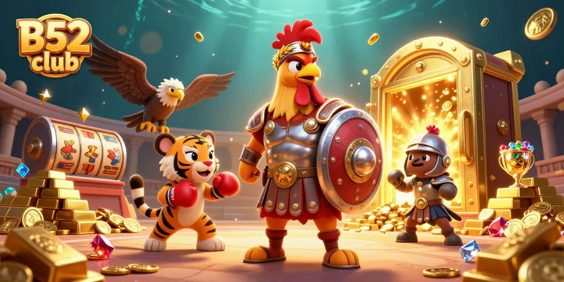 B52 club showcases exciting slot reels and treasure in a colorful 3D casino scene.