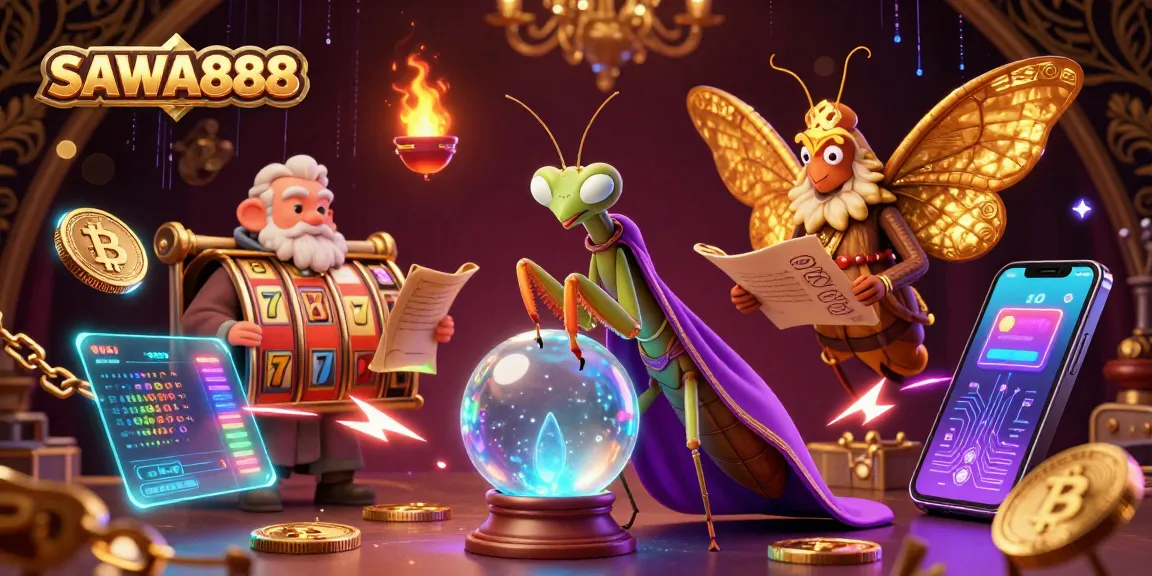 SAWA888 players spin slots and win big using 3D cartoon fortune teller, moth librarian, and floating oracles.