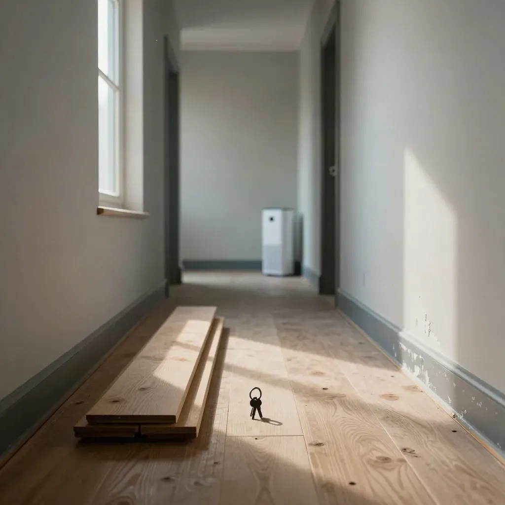 Quiet rental hallway with dehumidifier, floorboards, key ring and patched skirting board