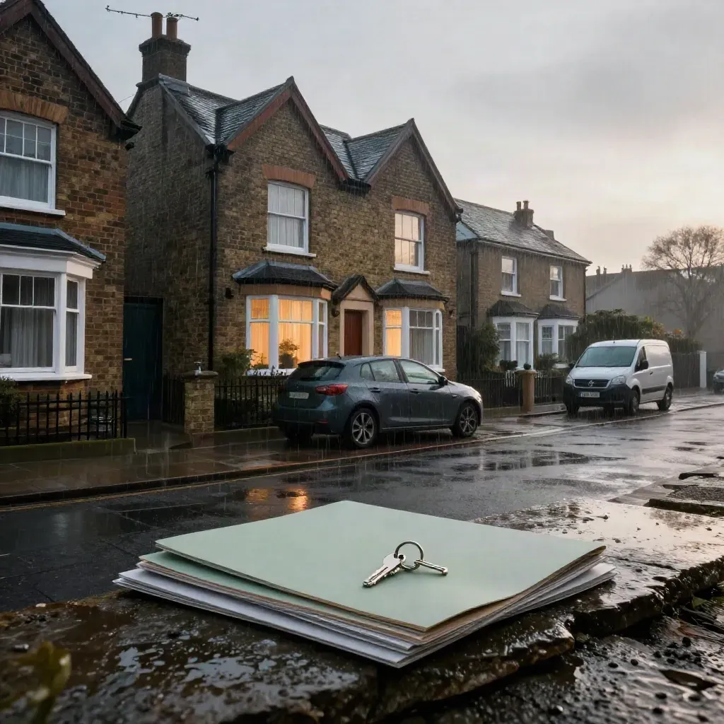 Rain-darkened UK home, hatchback, van and folders lit by first hard morning light.