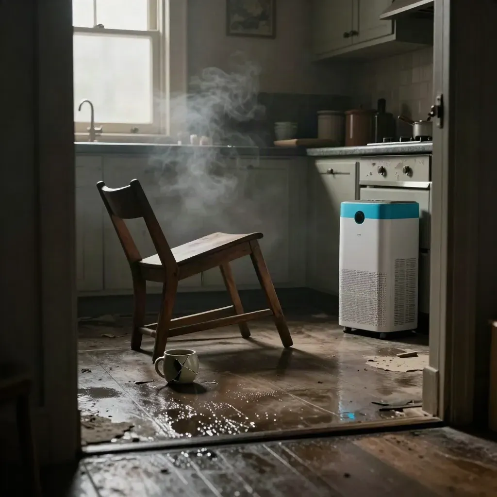 Smoke-darkened kitchen with damaged floor, tipped chair, cracked mug and dehumidifier