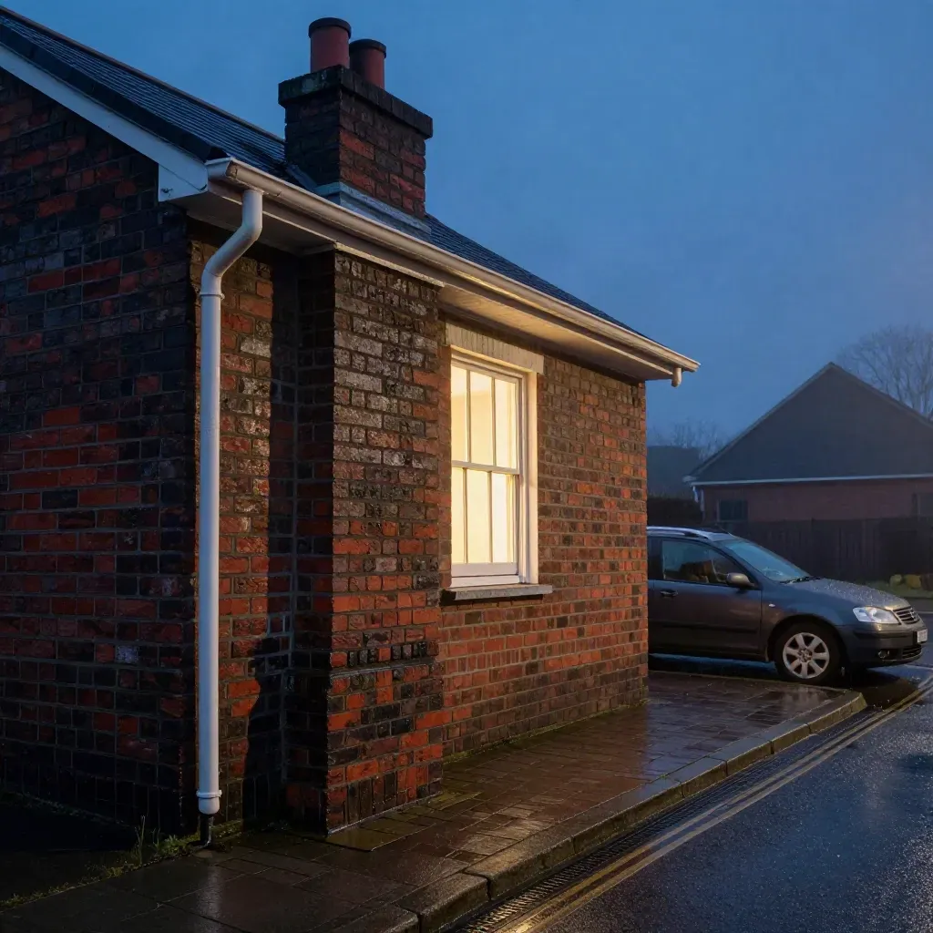 Low view of a brick terrace at dusk with repaired chimney, fresh guttering and a parked estate car.