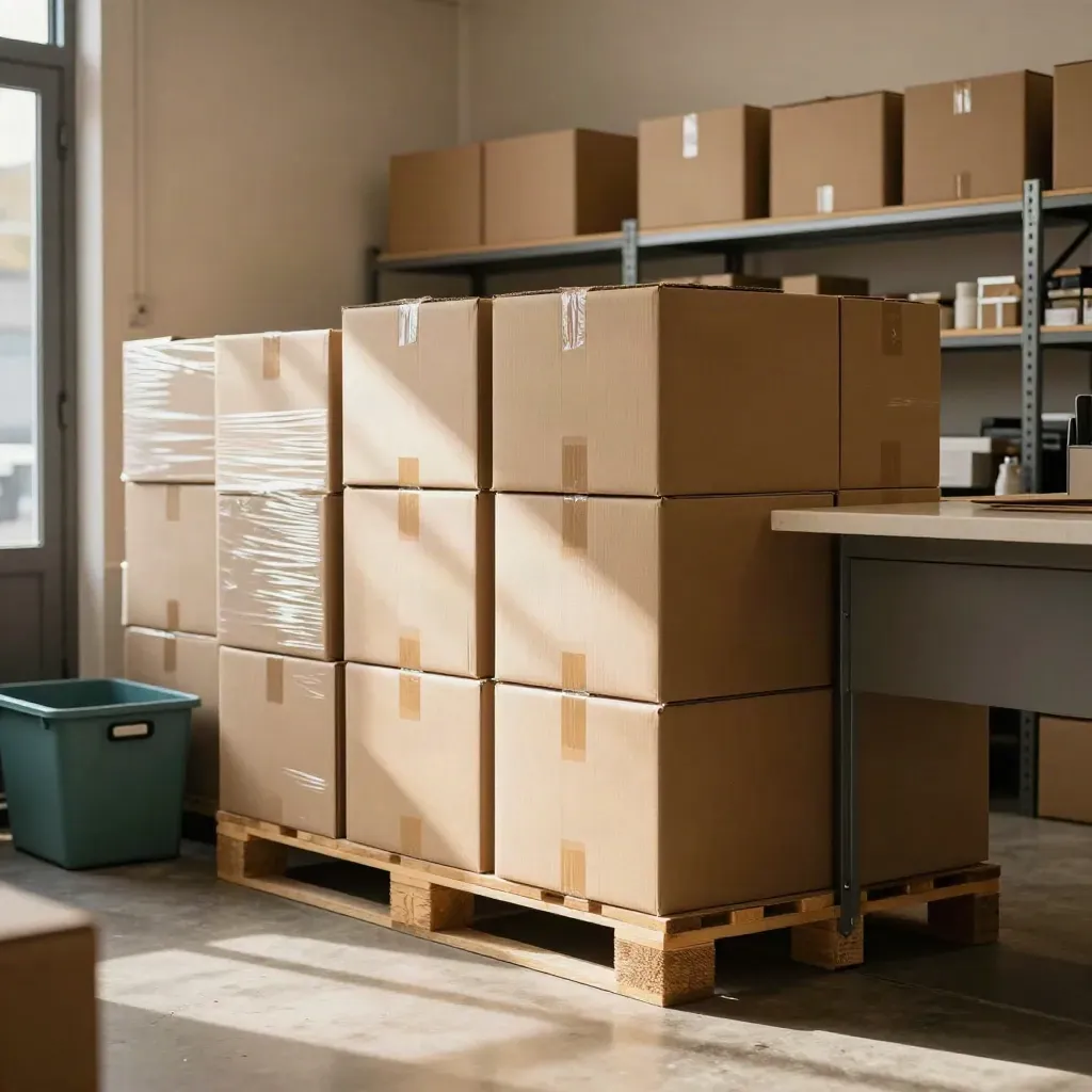 Warm shop storeroom with stock boxes, wrapped shelving and a closed till area in daylight