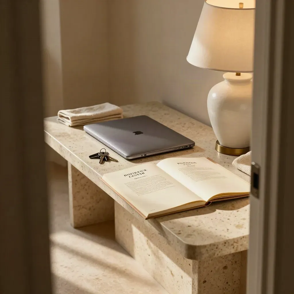 Hall console with laptop, keys and open folders under a warm lamp
