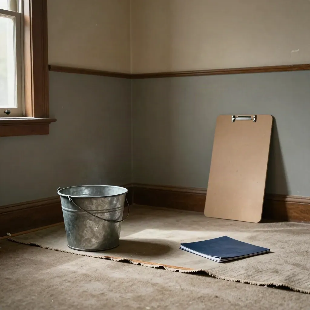 Vacant flat landing with leak bucket, lifted carpet and damp ceiling stain