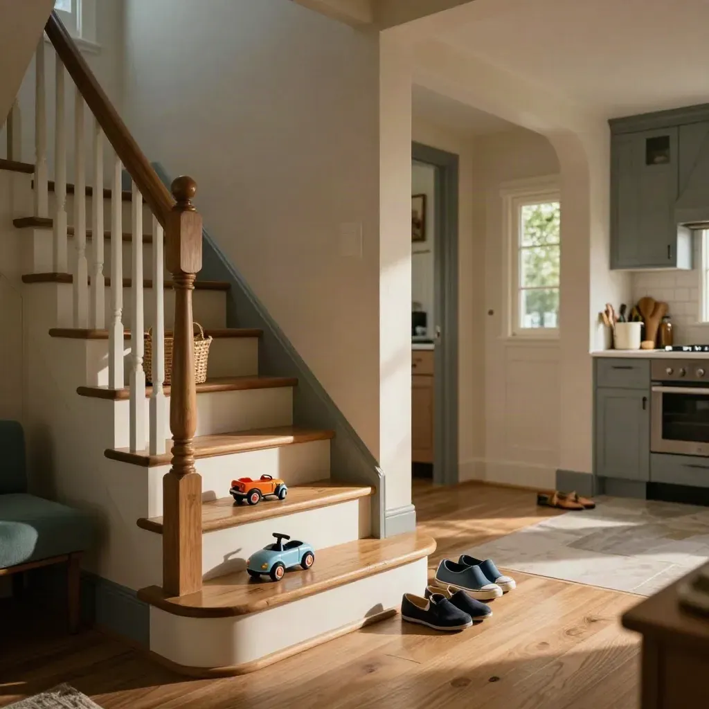 Hallway and kitchen viewed from the stairs with a toy car, basket and shoes