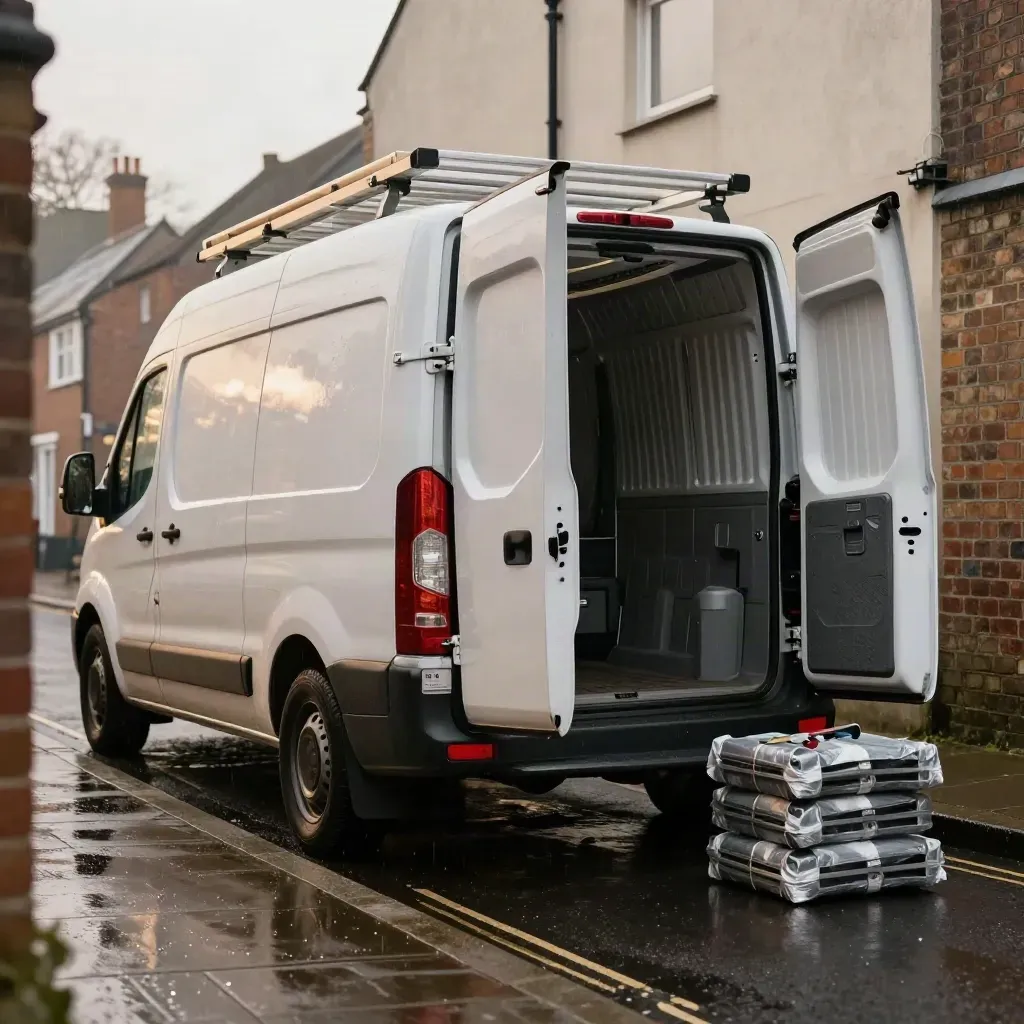 Low rear three-quarter view of a white trades van with open rear doors and wrapped tools on wet pavement.