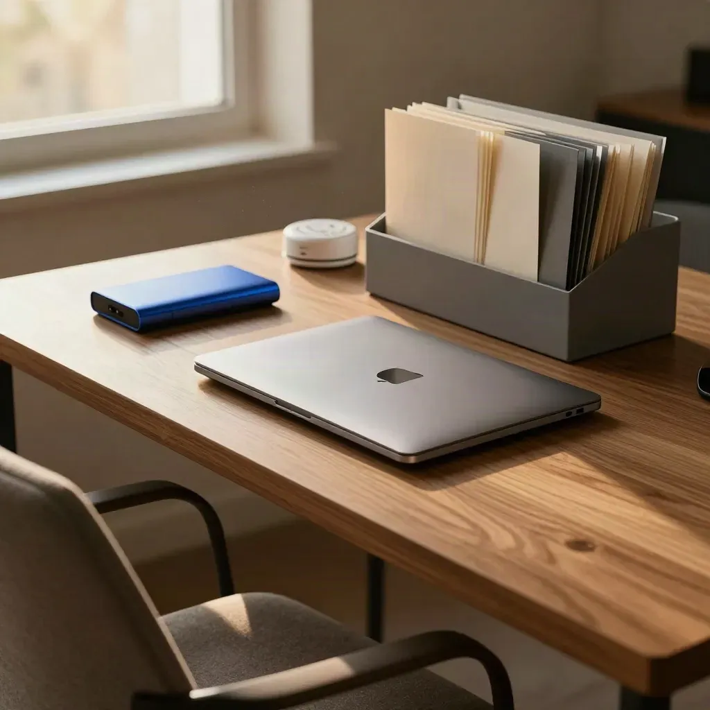 Office desk with a closed laptop, backup drive, smoke detector and file tray in warm window light.