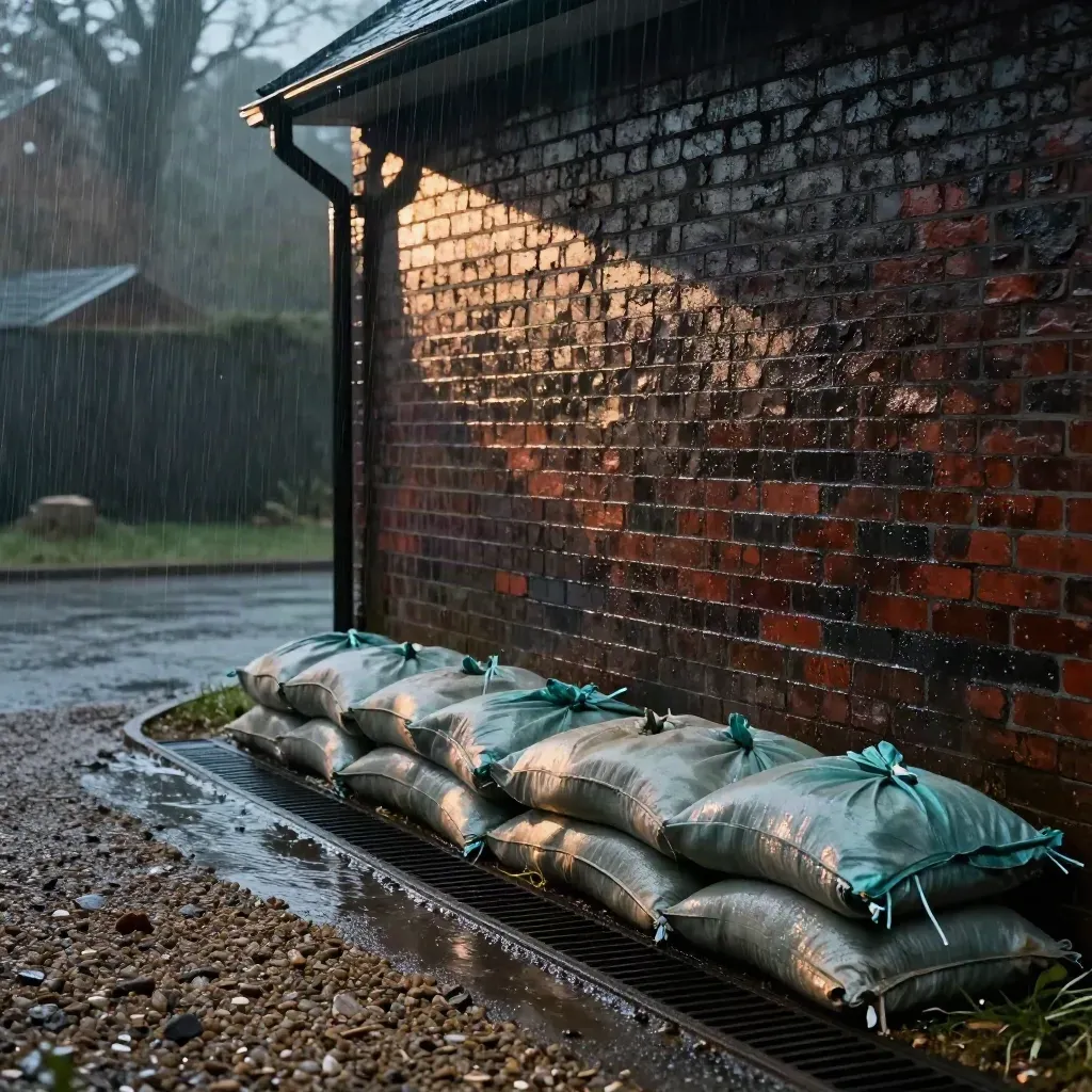 Low brick wall, sandbags and a downpipe by a rain-drained driveway before stormy weather.