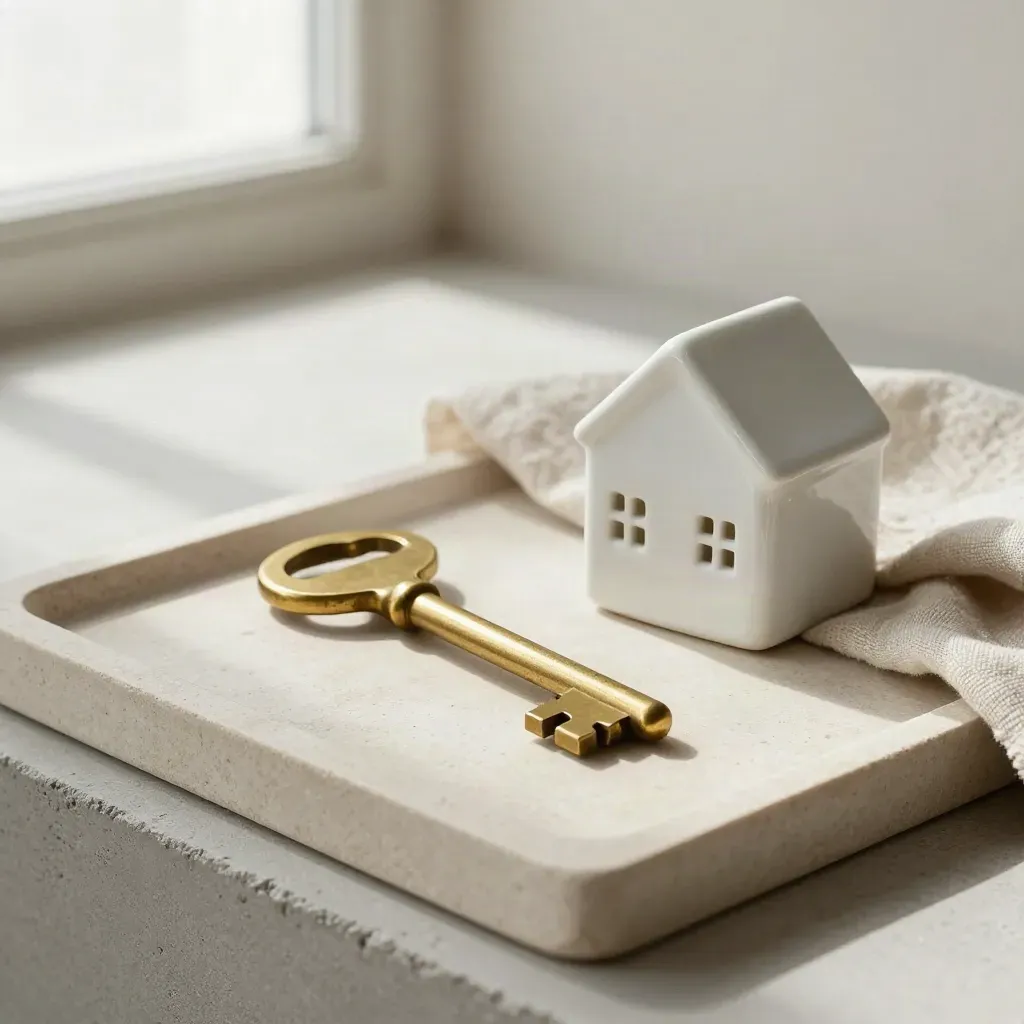 Brass house key, ceramic house and folded linen on a stone tray in soft window light.