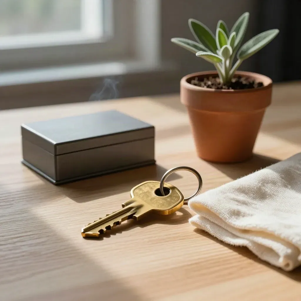 Brass key ring, terracotta pot, cream cloth and key box on pale wood with soft window light