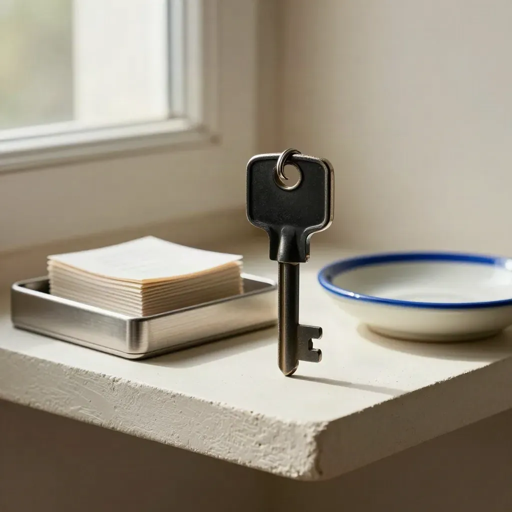 Matte black shop key beside a receipt tray and ceramic dish on a pale shelf, lit by morning window light.