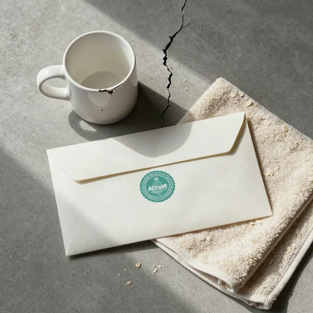 Cracked mug, evidence envelope and folded towel on concrete, styled as claims help.