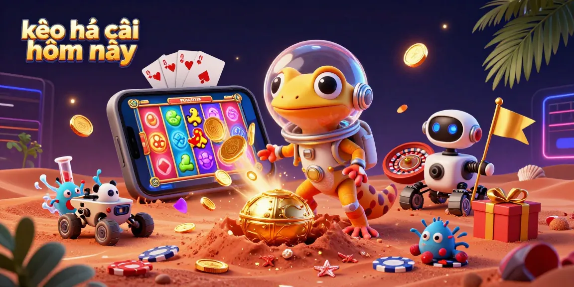 Engage with kèo nhà cái hôm nay through a vibrant illustration of a Martian gecko exploring a hidden casino.