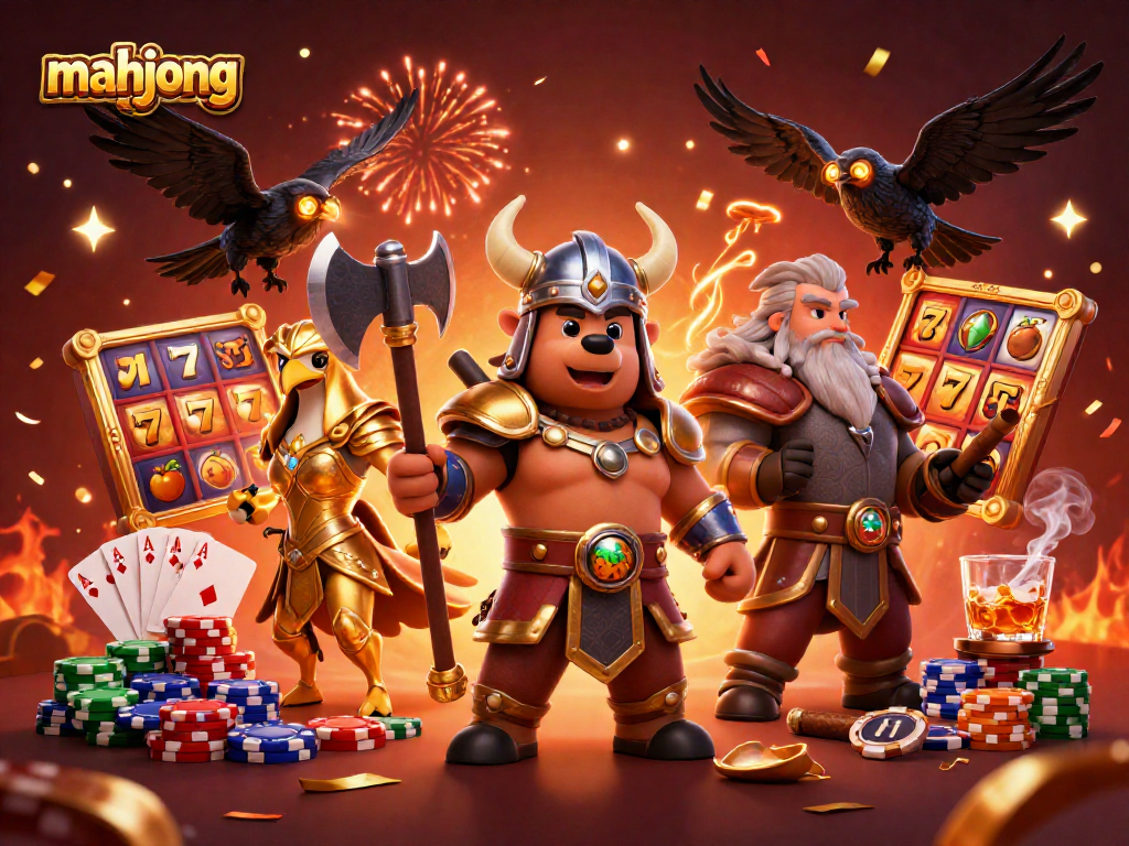 Experience thrilling mahjong adventures with a Viking berserker bear and Valkyrie eagle amidst vibrant casino elements.