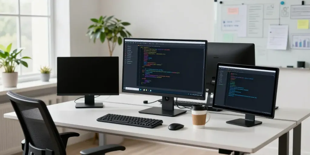 Developer coding with instant indexing tools in a modern workspace