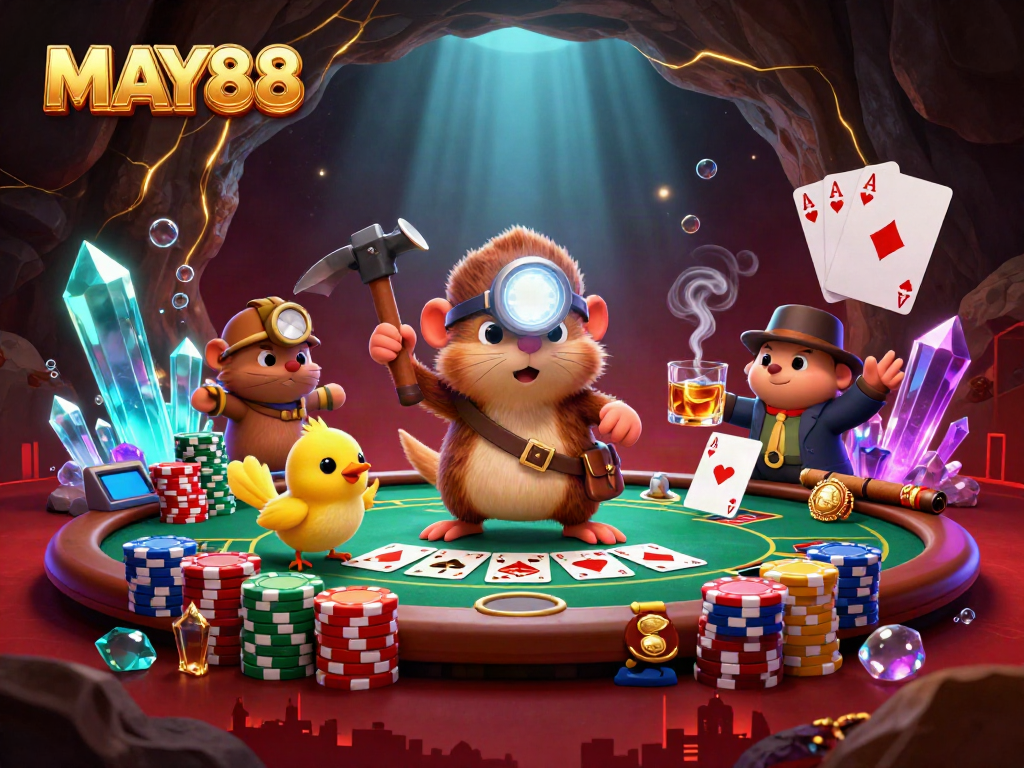 MAY88 showcases a vibrant 3D casino scene with a treasure hunter mole amid poker elements and glowing gems.