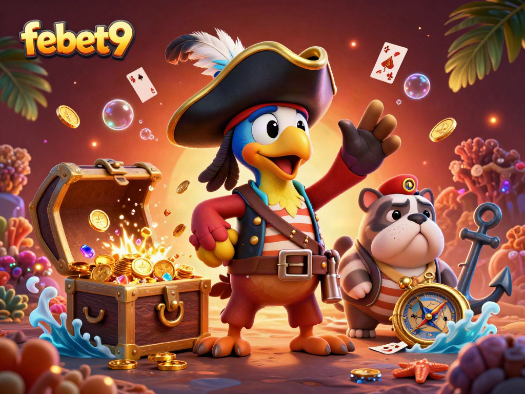 Engage with thrill at febet9 with a vibrant underwater treasure adventure illustration featuring pirates and gambling elements.
