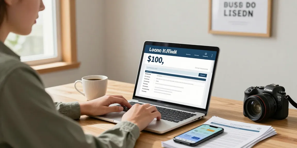 Applying for a $100 loan online through radcred.com/payday-loan/100-dollar in a cozy home office.