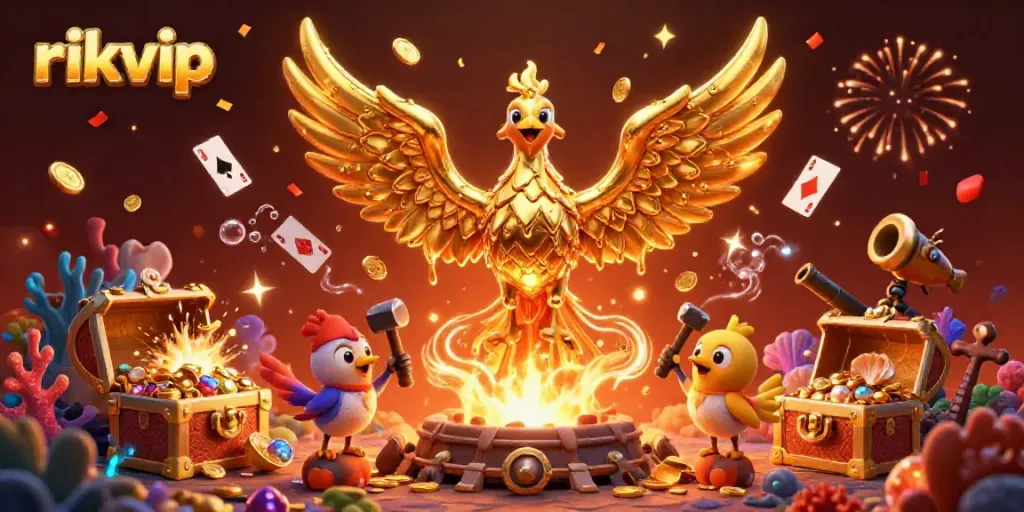 Experience thrilling gaming at rikvip with vibrant visuals of a phoenix amidst treasure in a rich 3D scene.