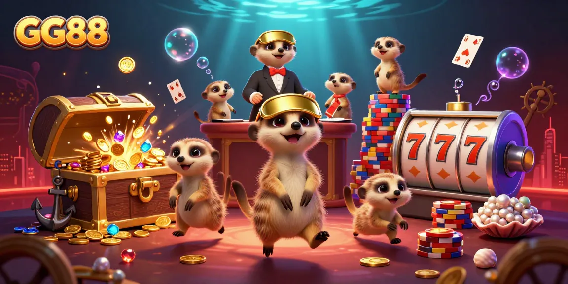 Experience the thrilling world of GG88 with meerkats in a vibrant casino scene filled with exciting games and treasures.