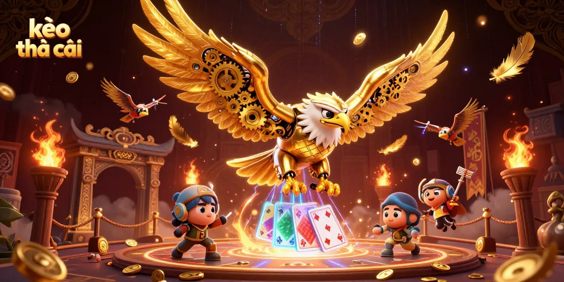 Engaging dynamics of kèo nhà cái betting with a cybernetic eagle amid holographic playing cards.