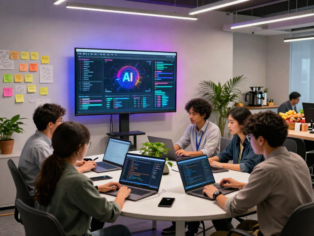 Team collaborating on spicy ai technology in a vibrant workspace with laptops and digital screens.