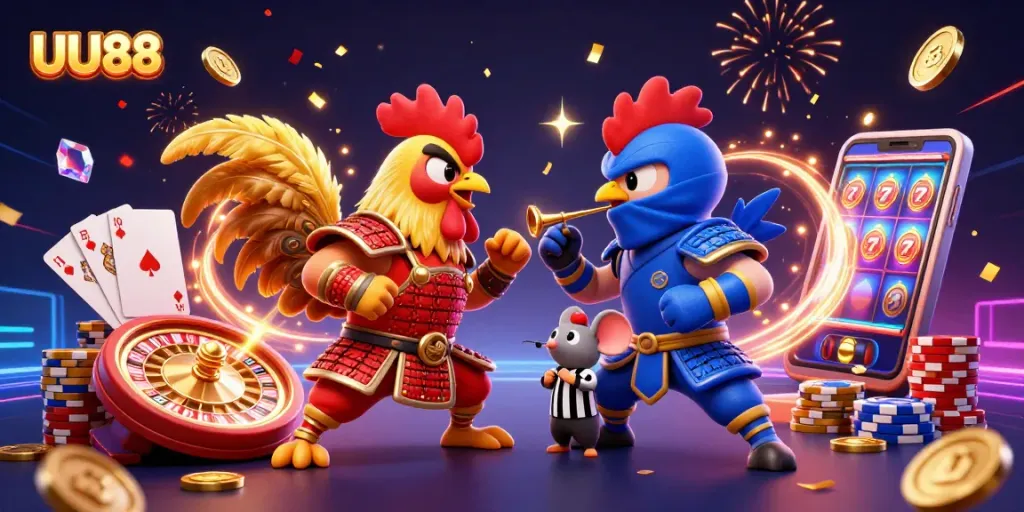 Experience the excitement of UU88 casino with dynamic roosters, coins, and vibrant gaming elements.