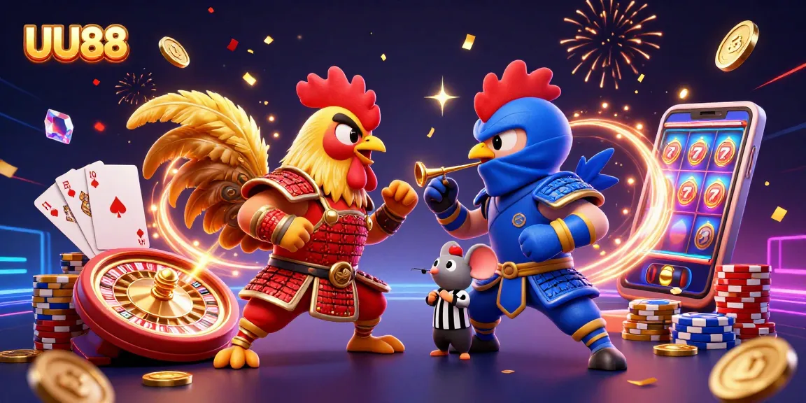 Experience the excitement of UU88 casino with dynamic roosters, coins, and vibrant gaming elements.
